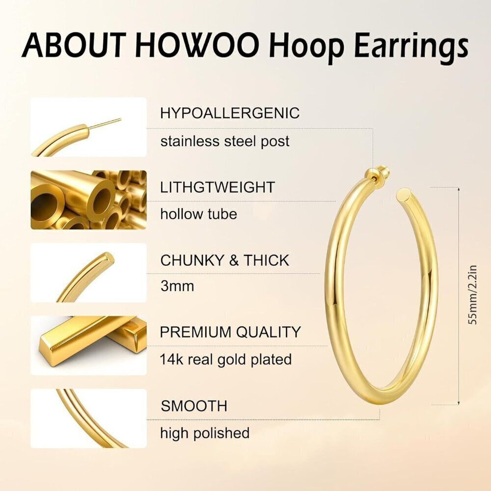 Gold Hoop Earrings for Women 14K Gold Plated Large Chunky Lightweight Jewelry - Picture 4 of 8